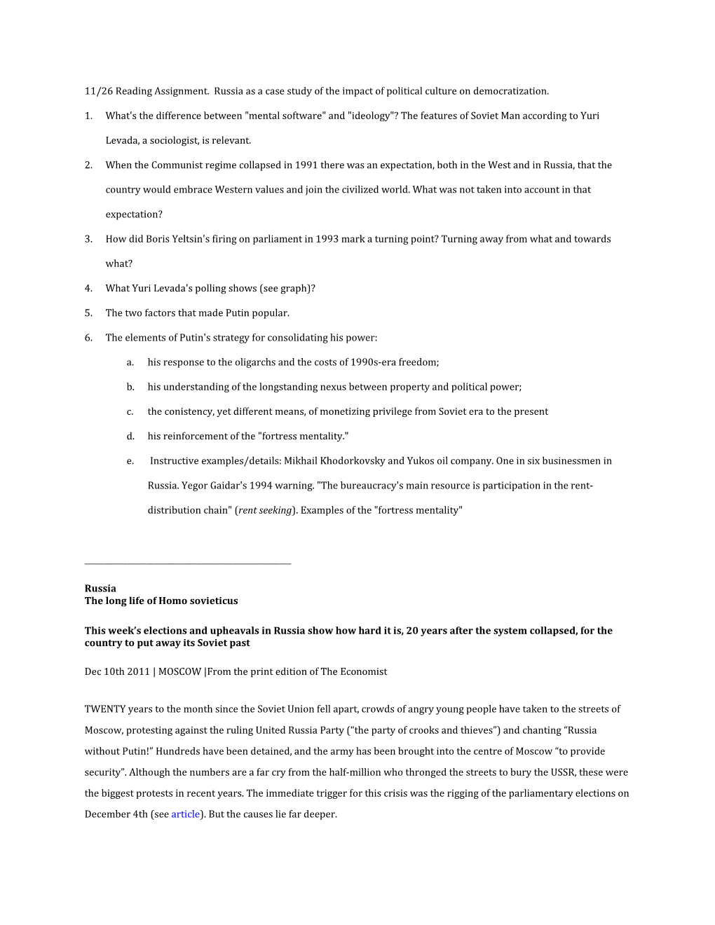 11/26 Reading Assignment. Russia As a Case Study of the Impact of Political Culture on Democratization