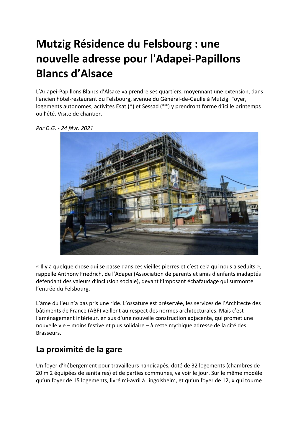 Mutzig Résidence Du Felsbourg : Une Nouvelle Adresse Pour L'adapei-Papillons Blancs D’Alsace
