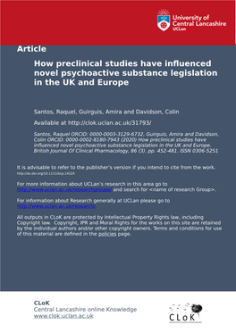 How Pre-Clinical Studies Have Influenced Novel Psychoactive Substance Legislation in the UK and Europe