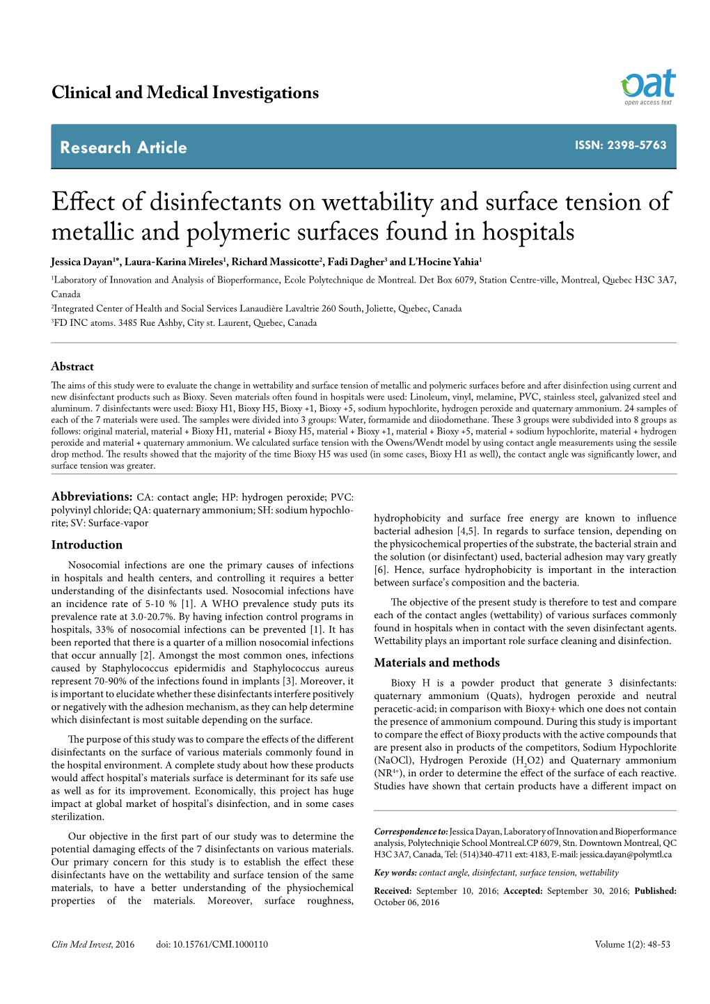 Effect of Disinfectants on Wettability and Surface Tension of Metallic And