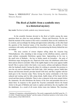 The Book of Judith: from a Symbolic Story to a Historical Mystery