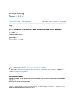 Annotated Possum and Glider Records from the Queensland Naturalist
