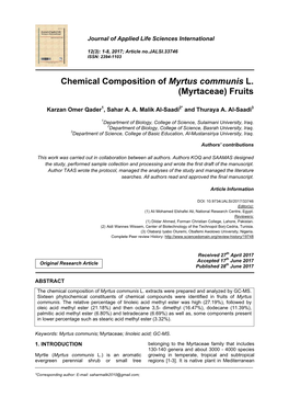 Chemical Composition of Myrtus Communis L. (Myrtaceae) Fruits