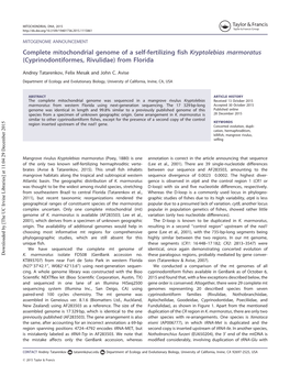 Complete Mitochondrial Genome of a Self-Fertilizing Fish Kryptolebias Marmoratus (Cyprinodontiformes, Rivulidae) from Florida