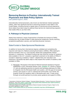 Removing Barriers to Practice: Internationally Trained Physicians and State Policy Options (Last Updated August 3, 2020)