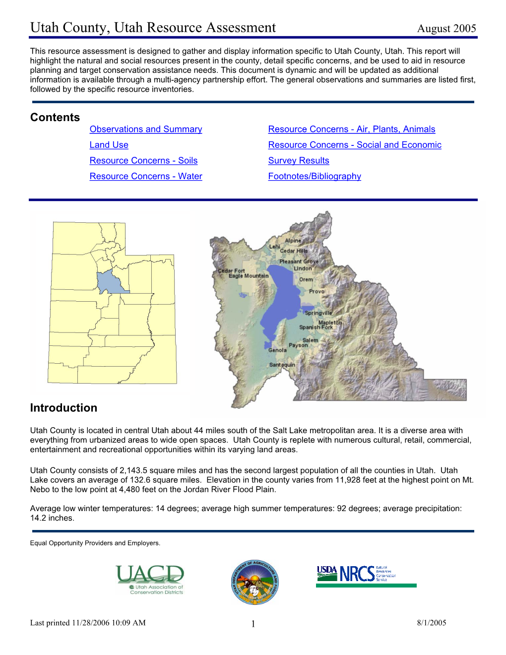 Utah County, Utah Resource Assessment August 2005