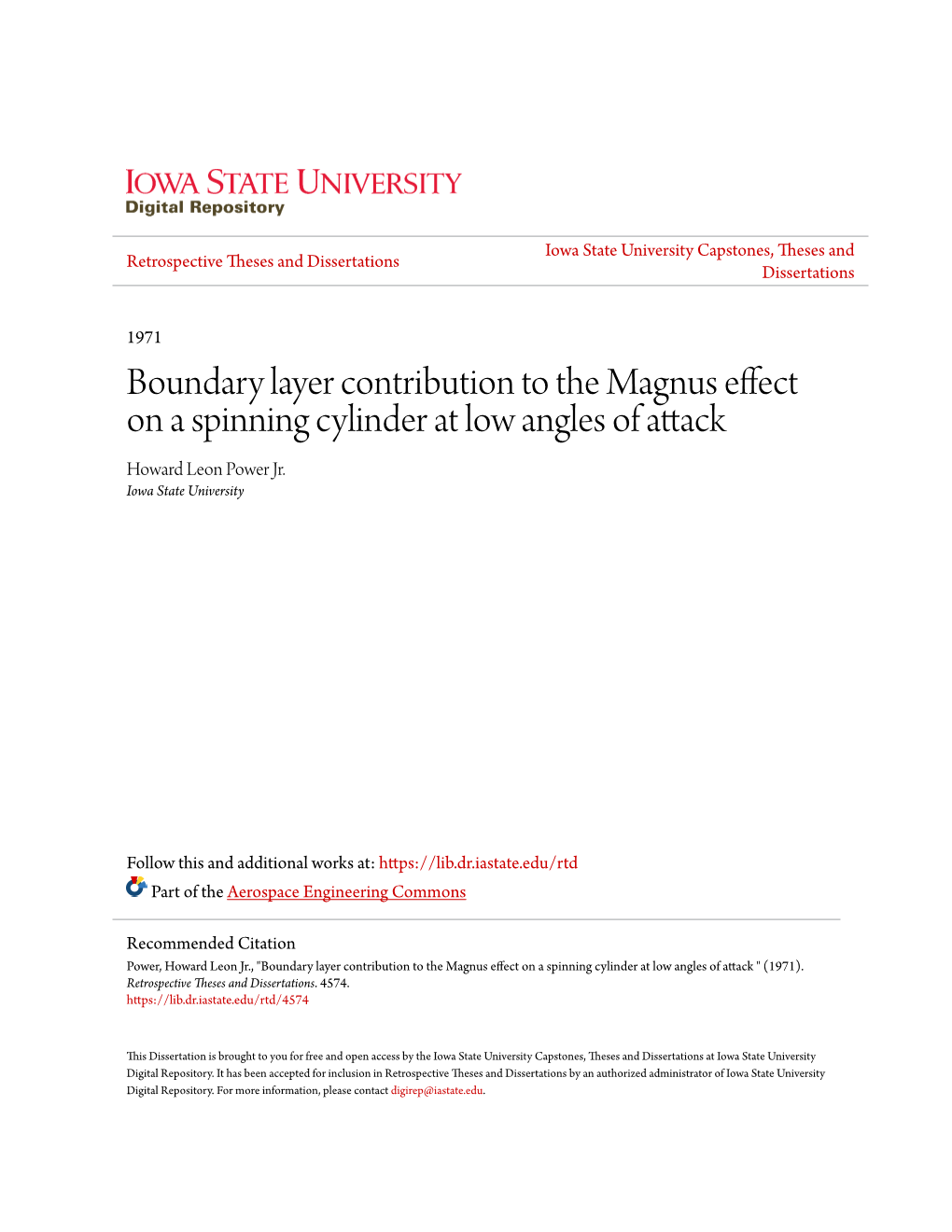 Boundary Layer Contribution to the Magnus Effect on a Spinning Cylinder at Low Angles of Attack Howard Leon Power Jr