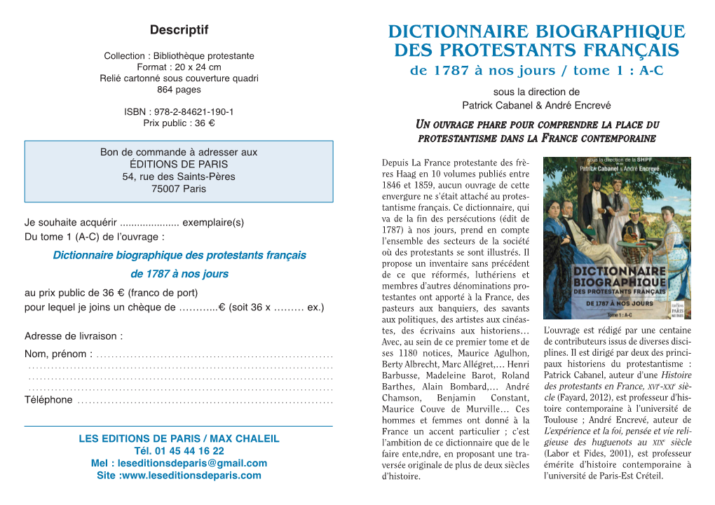 Dictionnaire Biographique Des Protestants Français. Bon De