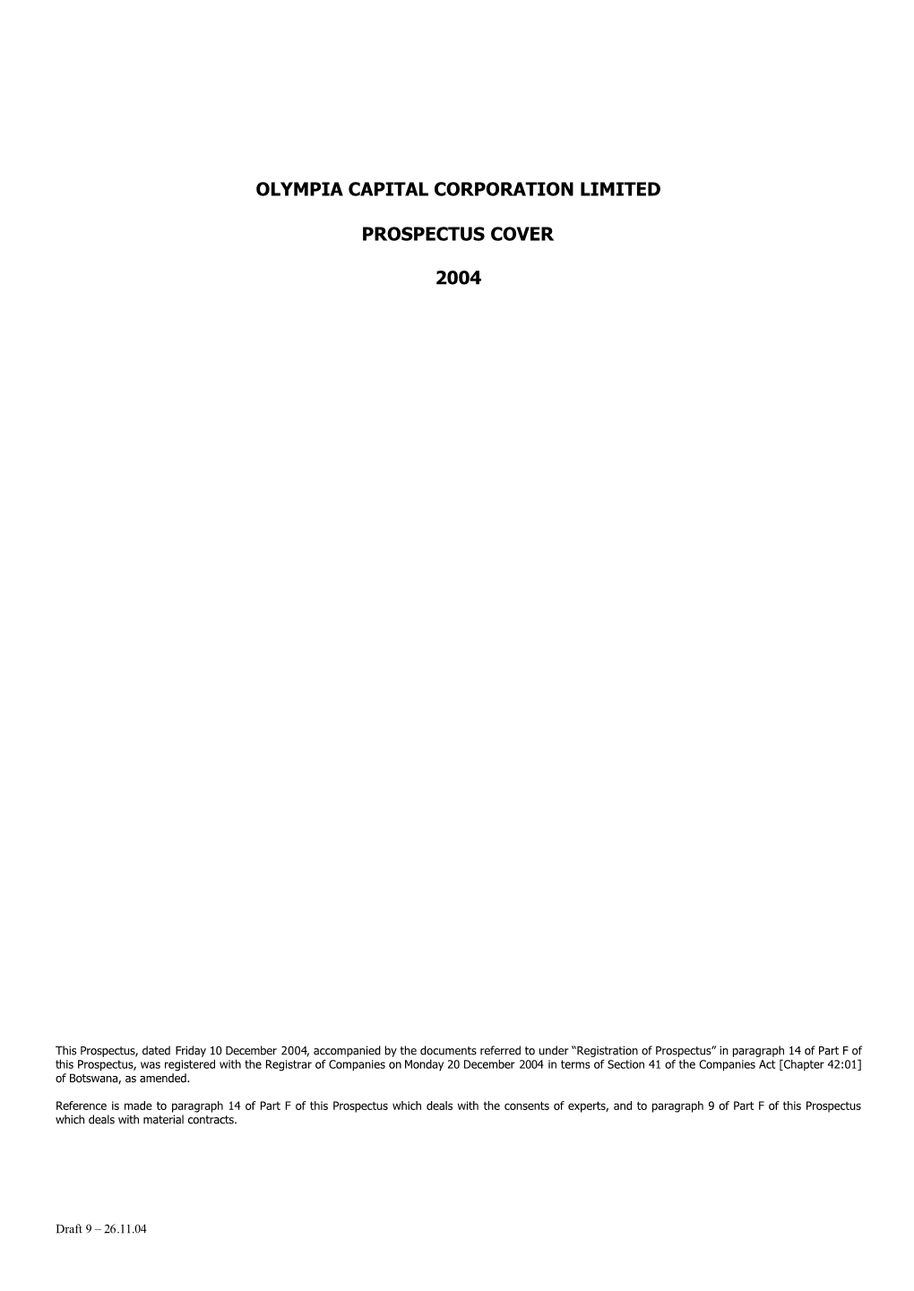 Olympia Capital Corporation Limited Prospectus Cover