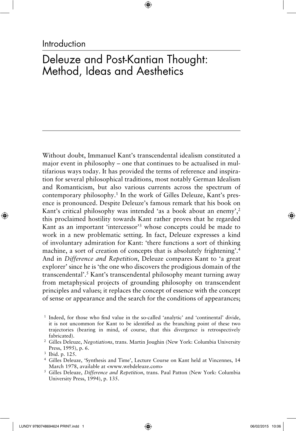 Deleuze and Post-Kantian Thought: Method, Ideas and Aesthetics