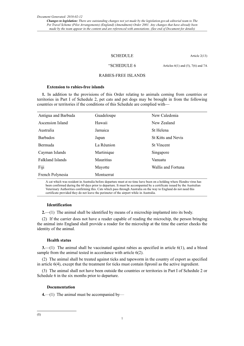 The Pet Travel Scheme (Pilot Arrangements) (England) (Amendment) Order 2001