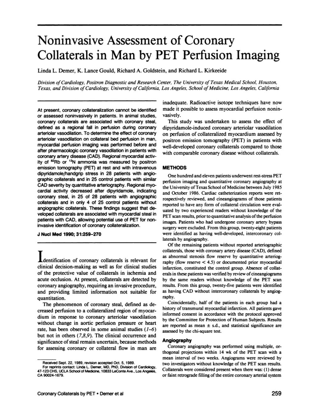 Noninvasive Assessment of Coronary Collaterals in Man by PET Perfusion Imaging
