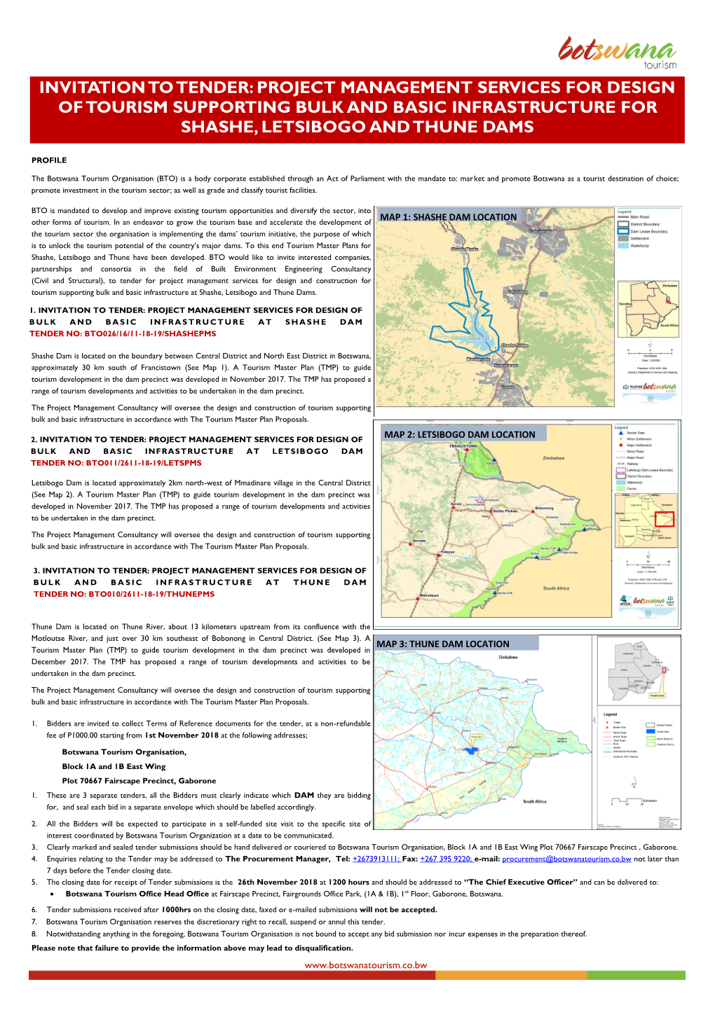 Invitation to Tender: Project Management Services for Design of Tourism Supporting Bulk and Basic Infrastructure for Shashe, Letsibogo and Thune Dams