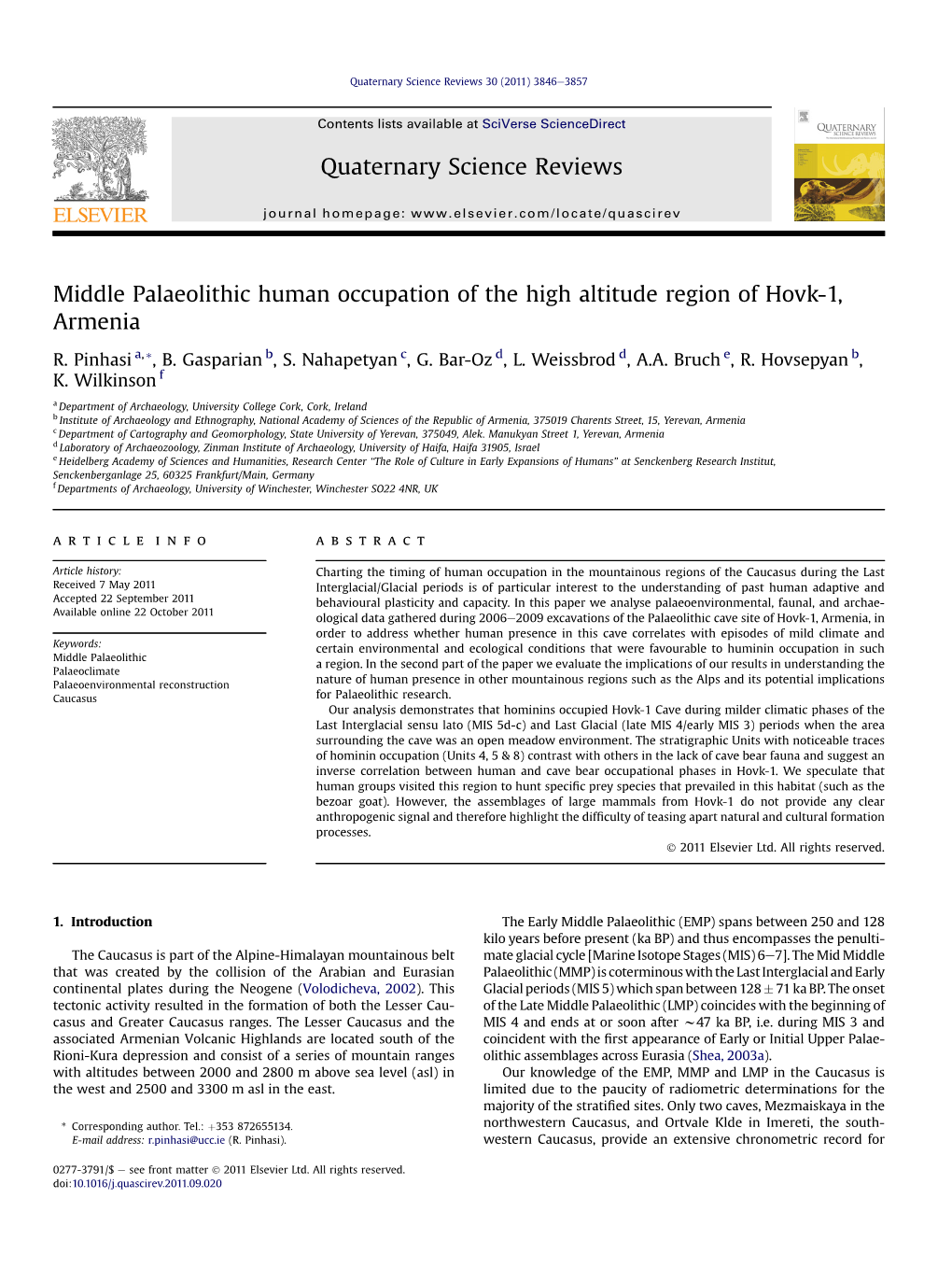 Middle Palaeolithic Human Occupation of the High Altitude Region of Hovk-1, Armenia