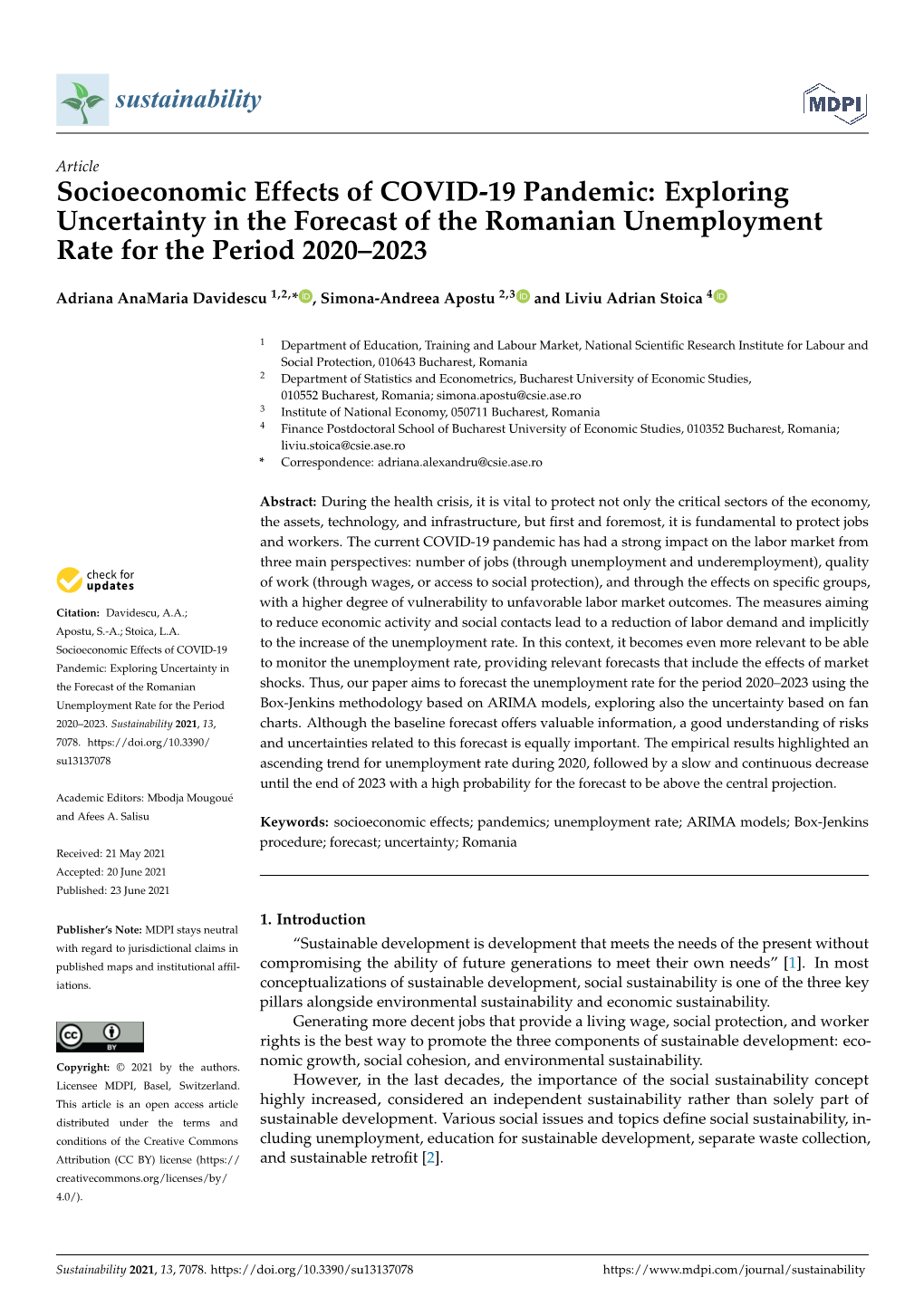 Socioeconomic Effects of COVID-19 Pandemic: Exploring Uncertainty in the Forecast of the Romanian Unemployment Rate for the Period 2020–2023