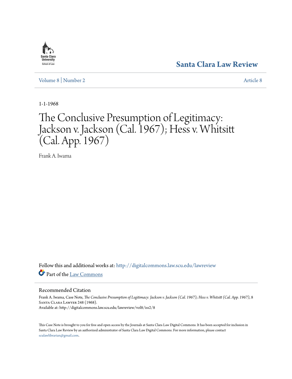 The Conclusive Presumption of Legitimacy: Jackson V