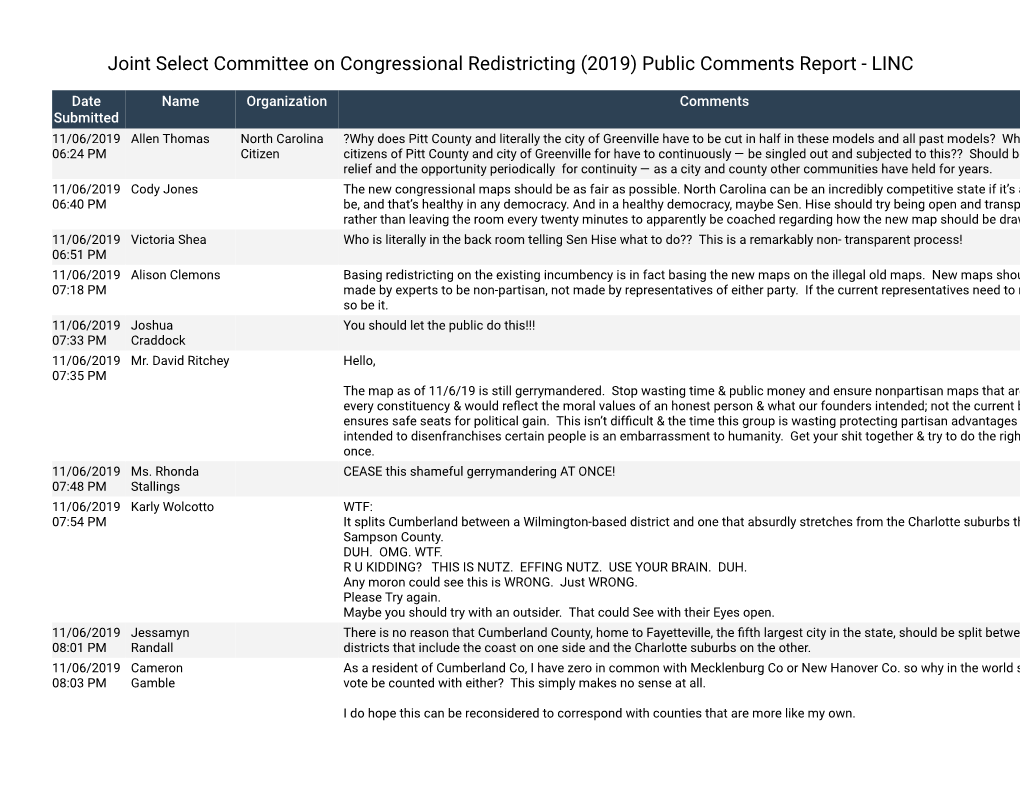 Joint Select Committee on Congressional Redistricting (2019) Public Comments Report - LINC