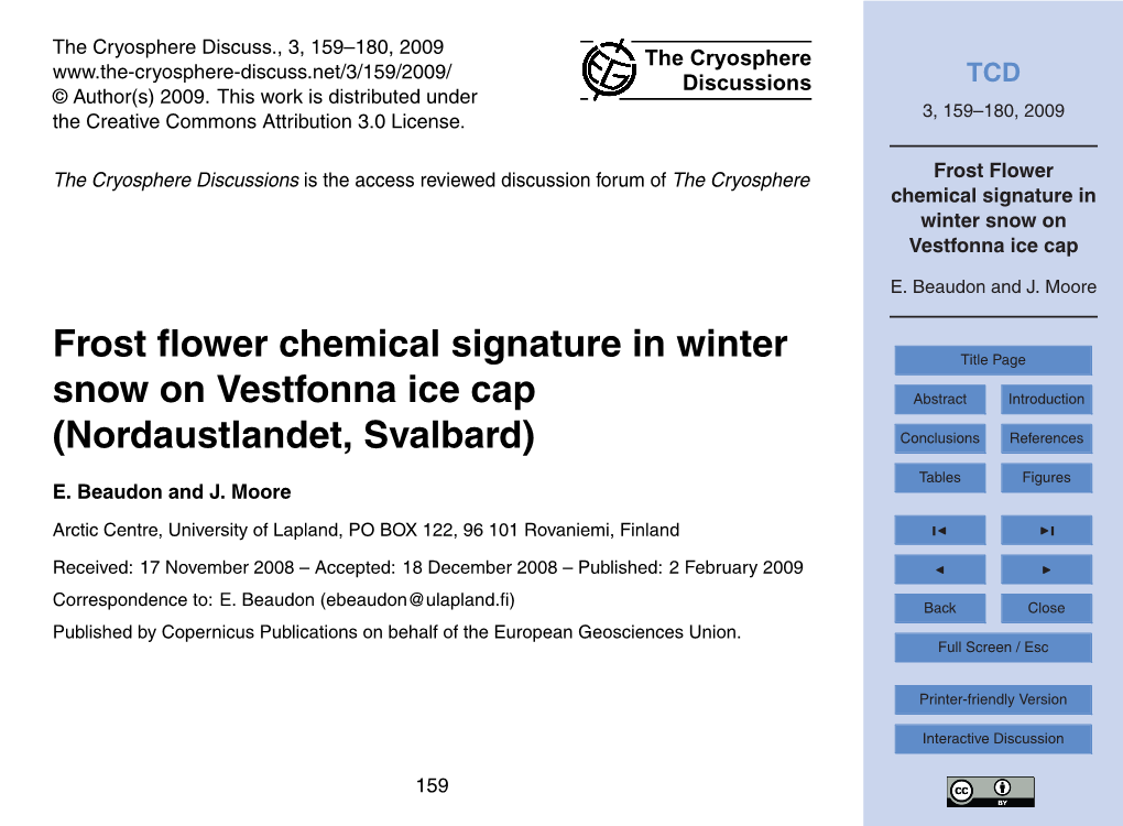 Frost Flower Chemical Signature in Winter Snow on Vestfonna Ice Cap