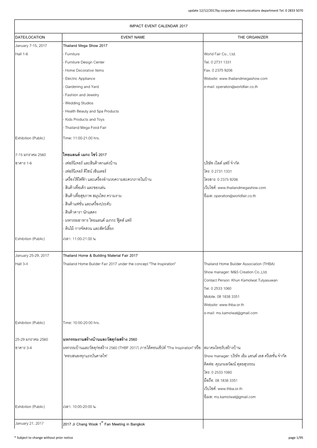 IMPACT EVENT CALENDAR 2017 DATE/LOCATION EVENT NAME the ORGANIZER January 7-15, 2017 Thailand Mega Show 2017 Hall 1-6 - Furniture World Fair Co., Ltd