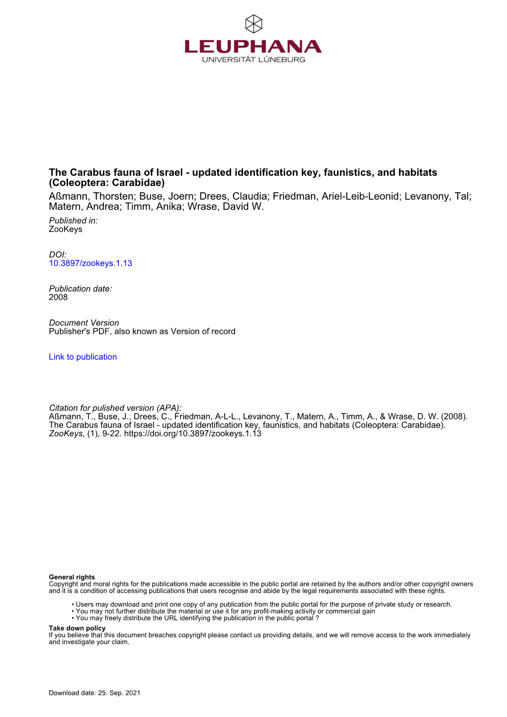 The Carabus Fauna of Israel