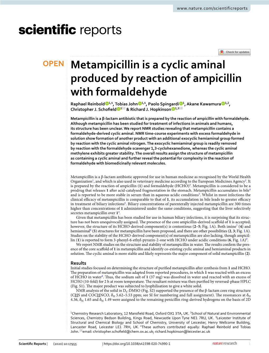 Metampicillin Is a Cyclic Aminal Produced by Reaction of Ampicillin