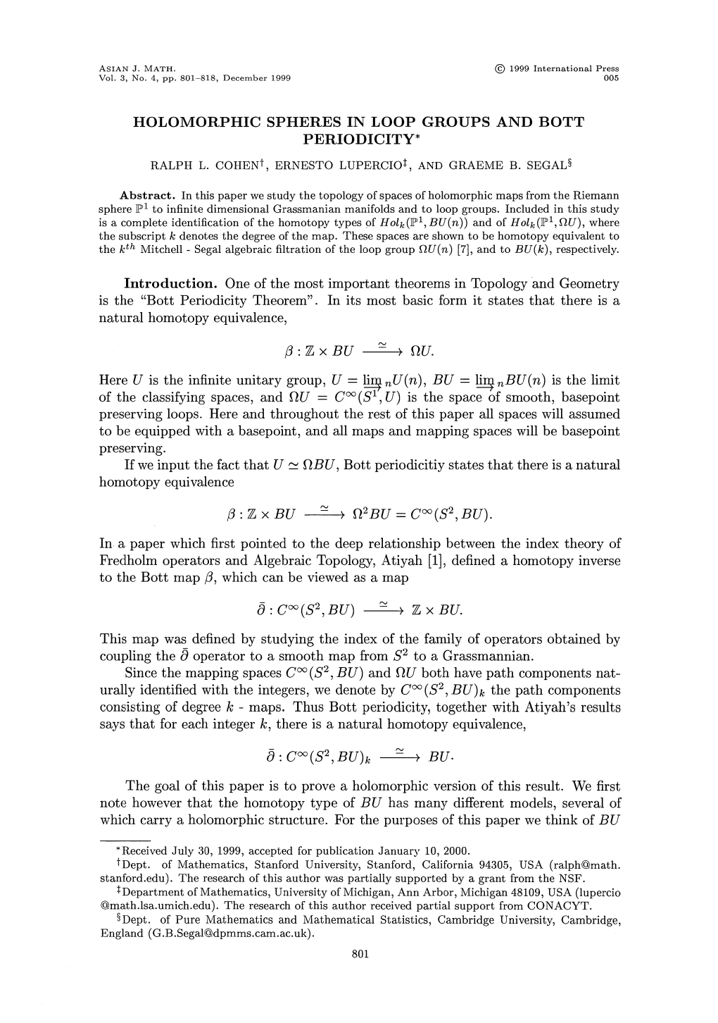 HOLOMORPHIC SPHERES in LOOP GROUPS and BOTT PERIODICITY* Introduction. One of the Most Important Theorems in Topology and Geomet