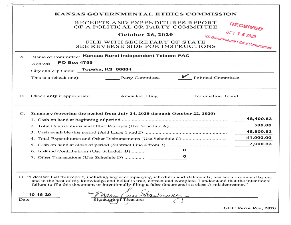 Kansas Governmental Ethics Commission Receipts And