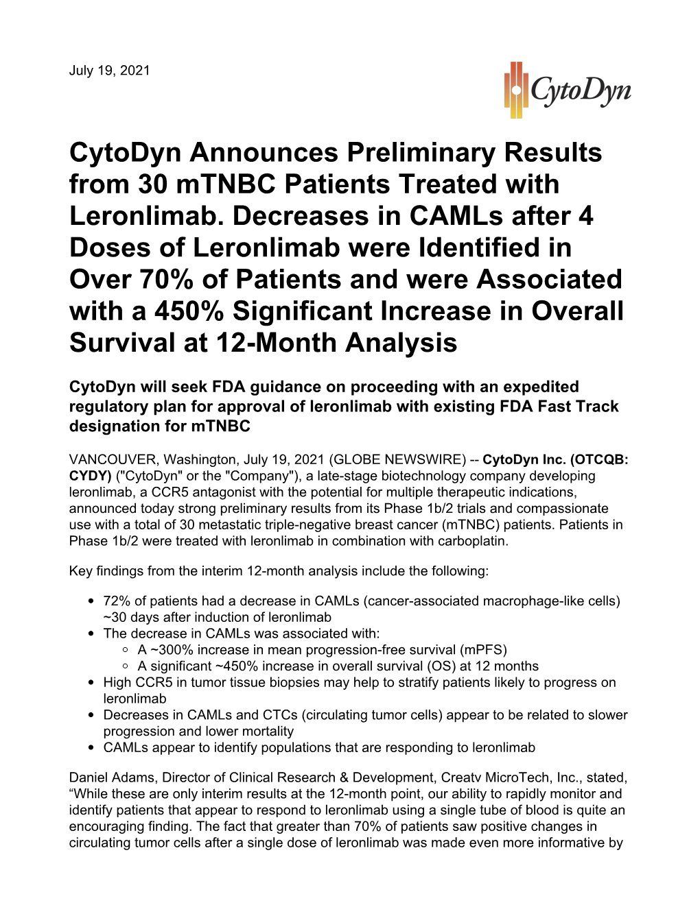 Cytodyn Announces Preliminary Results from 30 Mtnbc Patients Treated with Leronlimab