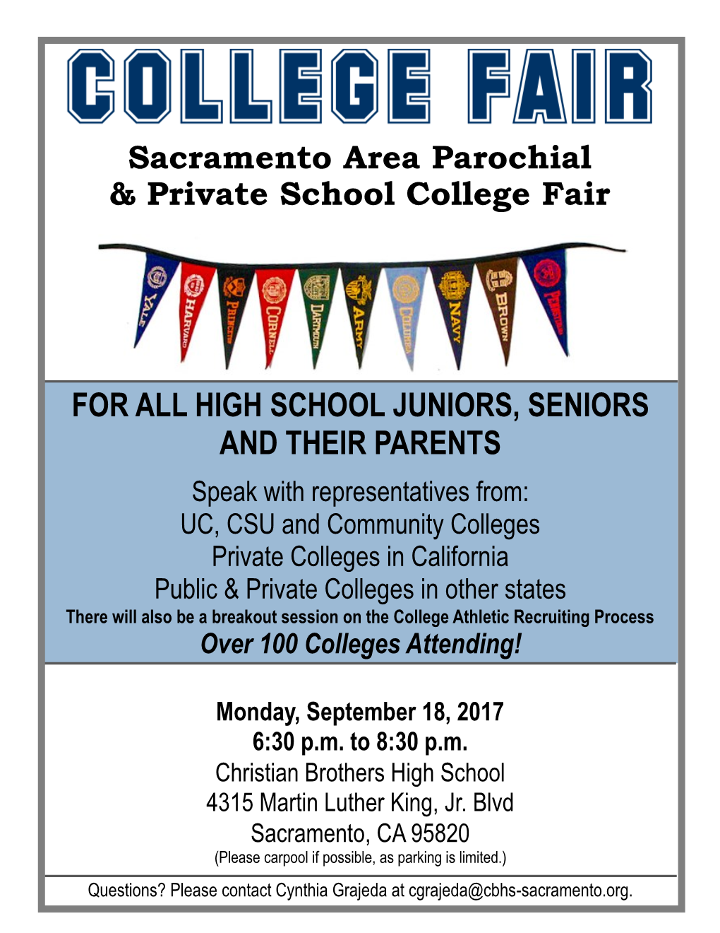 Sacramento Area Parochial & Private School College Fair for ALL HIGH SCHOOL JUNIORS, SENIORS and THEIR PARENTS