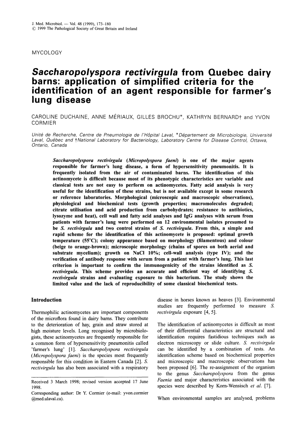 Application of Simplified Criteria for the Identification of an Agent Responsible for Farmer’S Lung Disease