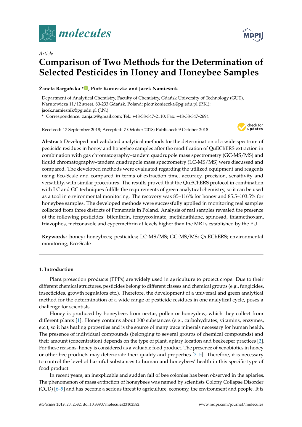 Comparison of Two Methods for the Determination of Selected Pesticides in Honey and Honeybee Samples
