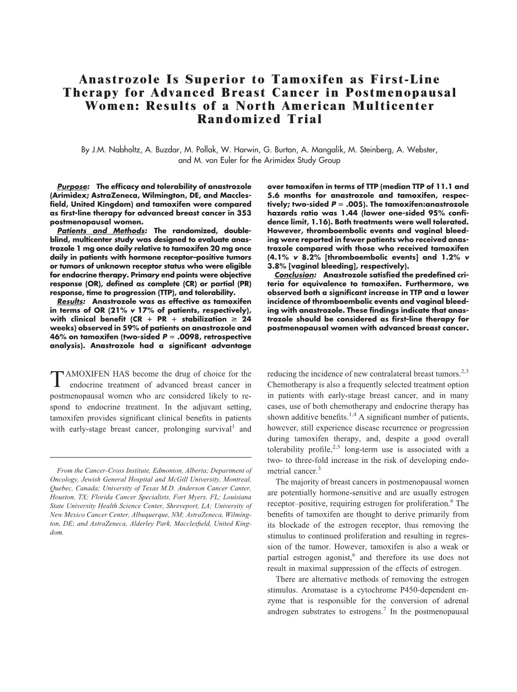 Anastrozole Is Superior to Tamoxifen As First-Line Therapy for Advanced