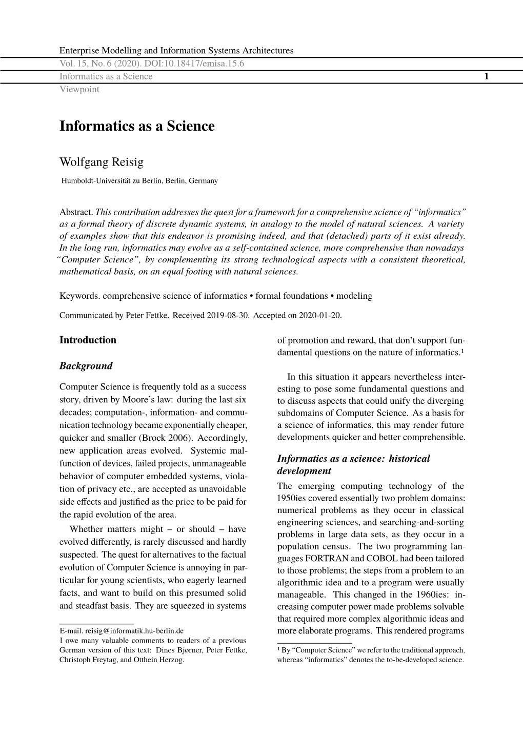 Informatics As a Science 1 Viewpoint