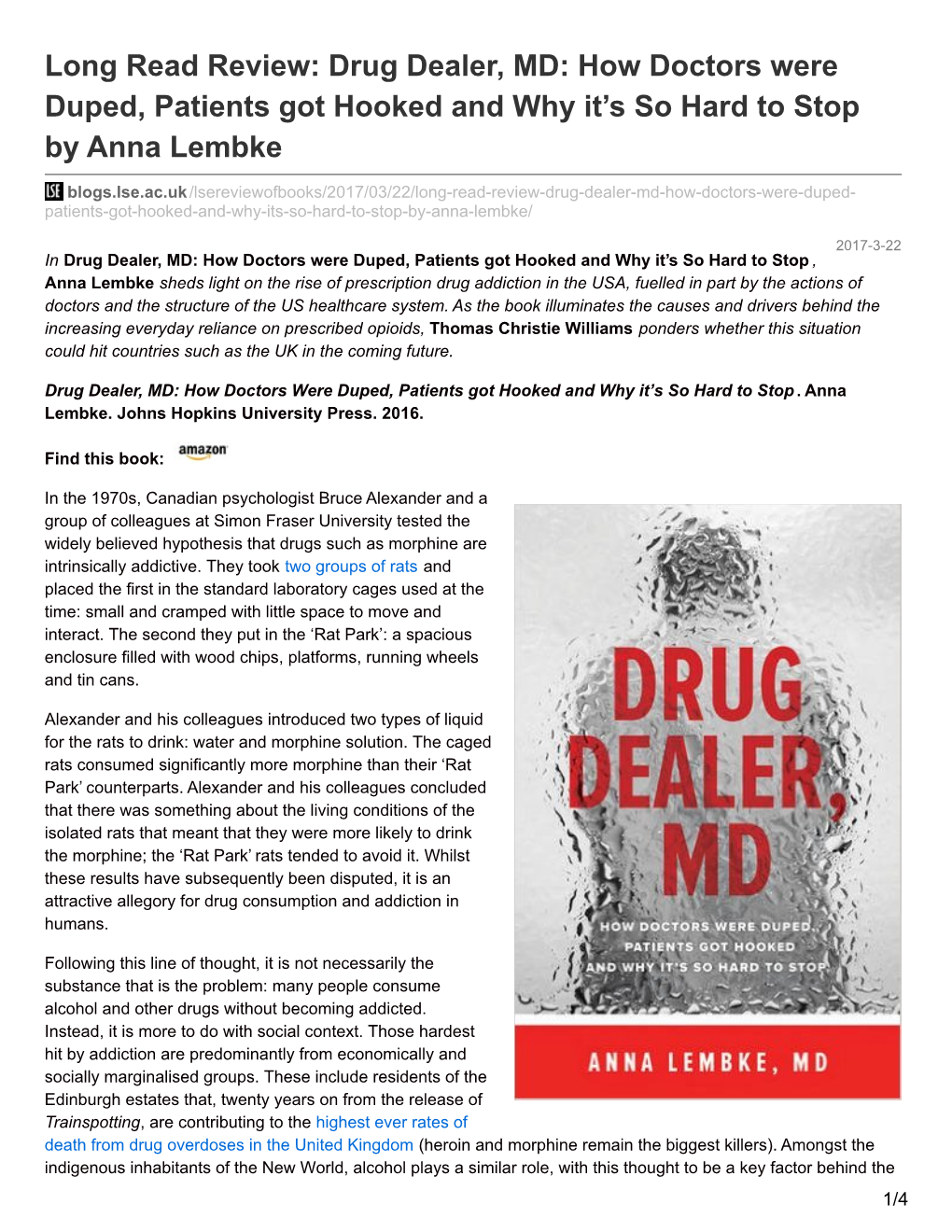 Long Read Review: Drug Dealer, MD: How Doctors Were Duped, Patients Got Hooked and Why It’S So Hard to Stop by Anna Lembke