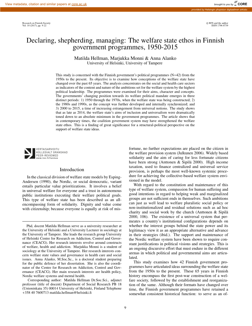 The Welfare State Ethos in Finnish Government Programmes, 1950-2015