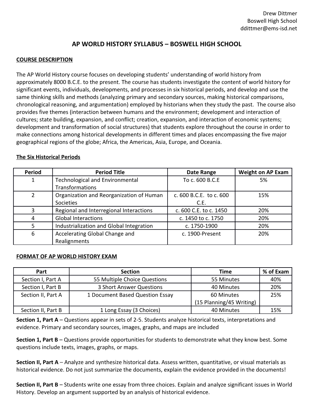 Ap World History Syllabus Boswell High School