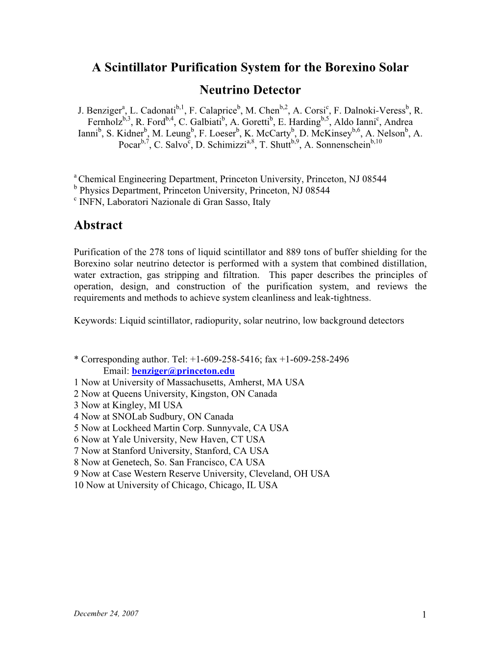 A Scintillator Purification System for the Borexino Solar Neutrino Detector J