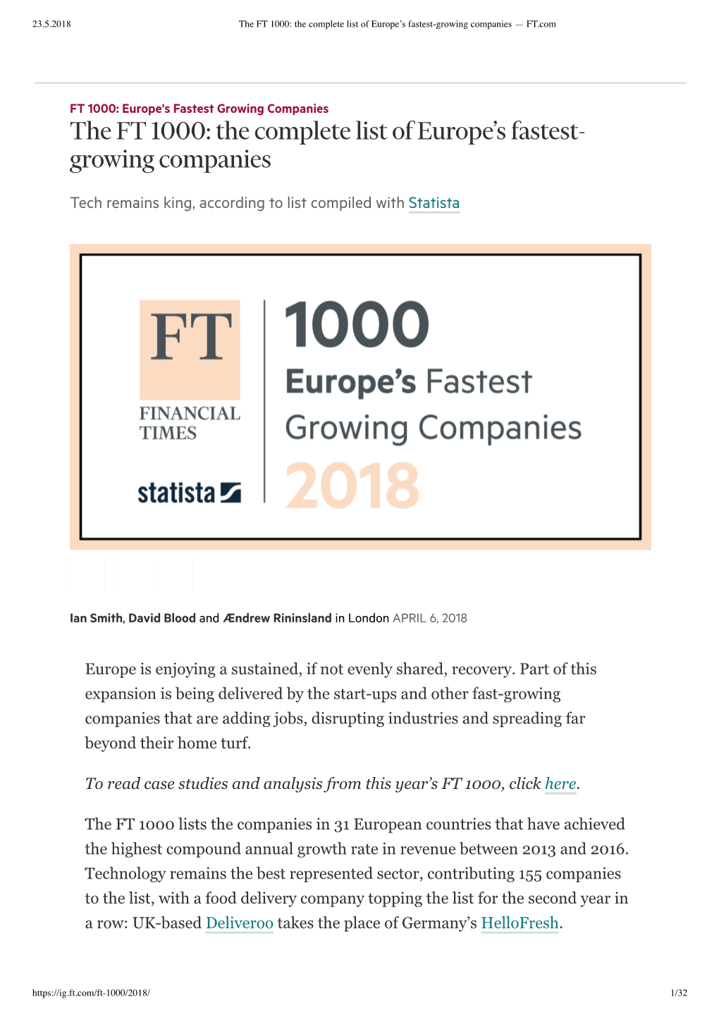 The FT 1000: the Complete List of Europe's Fastest- Growing Companies