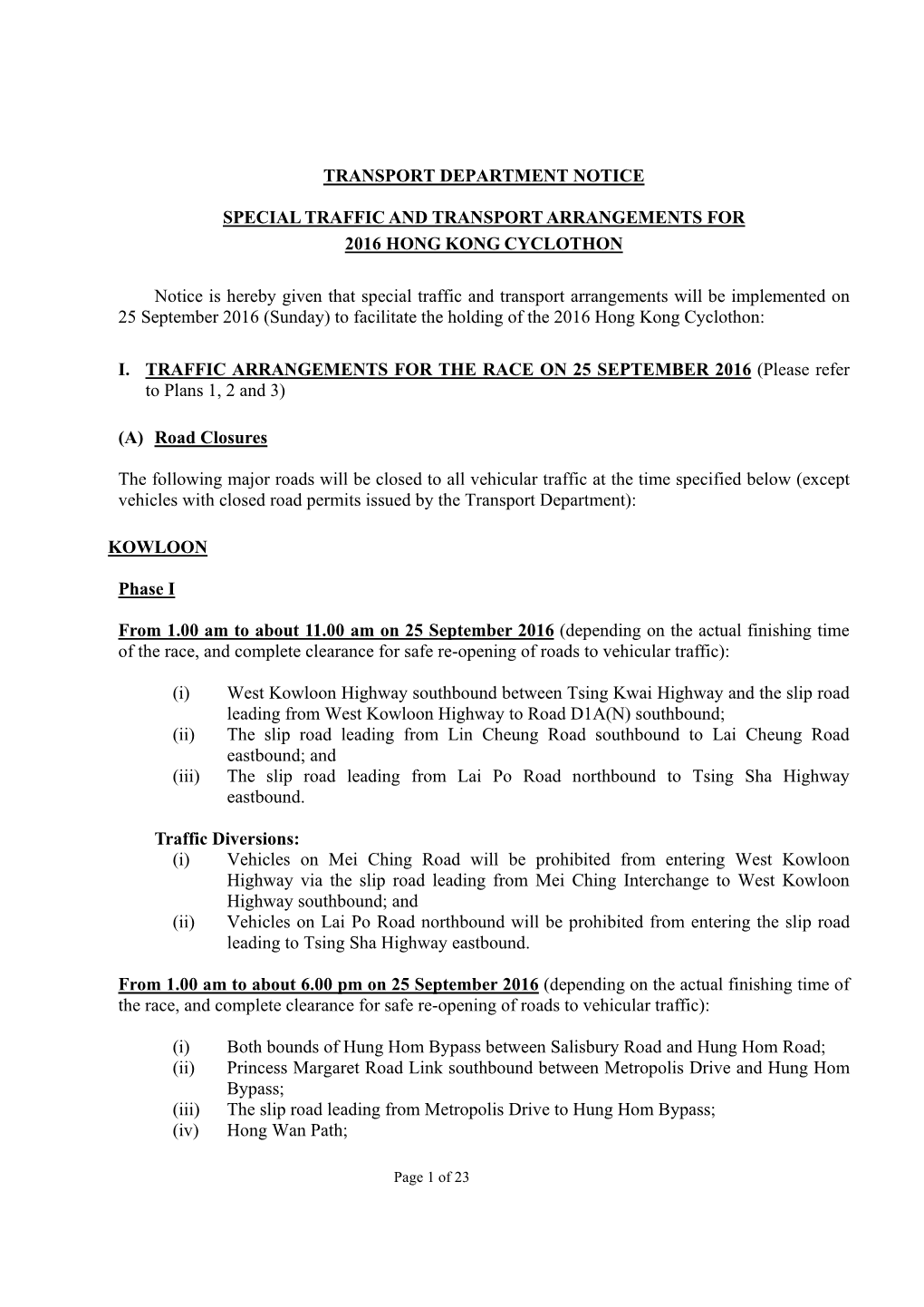 Transport Department Notice Special Traffic And