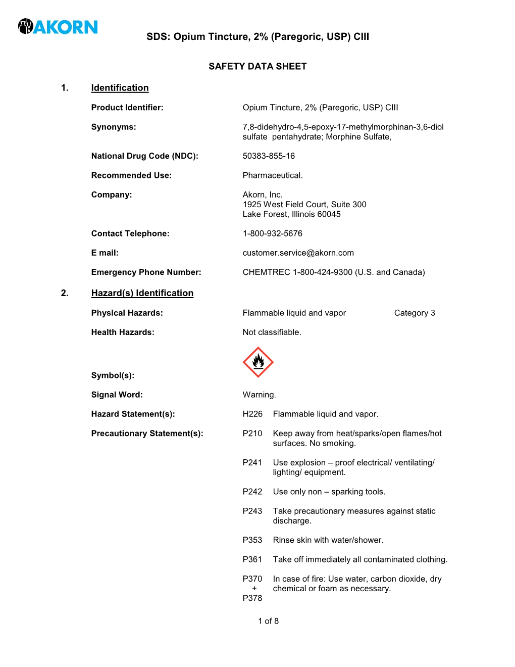 SDS: Opium Tincture, 2% (Paregoric, USP) CIII