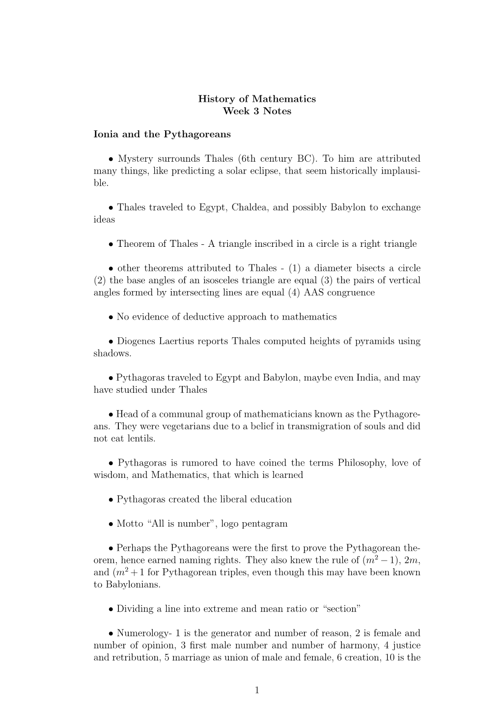 History of Mathematics Week 3 Notes Ionia and the Pythagoreans