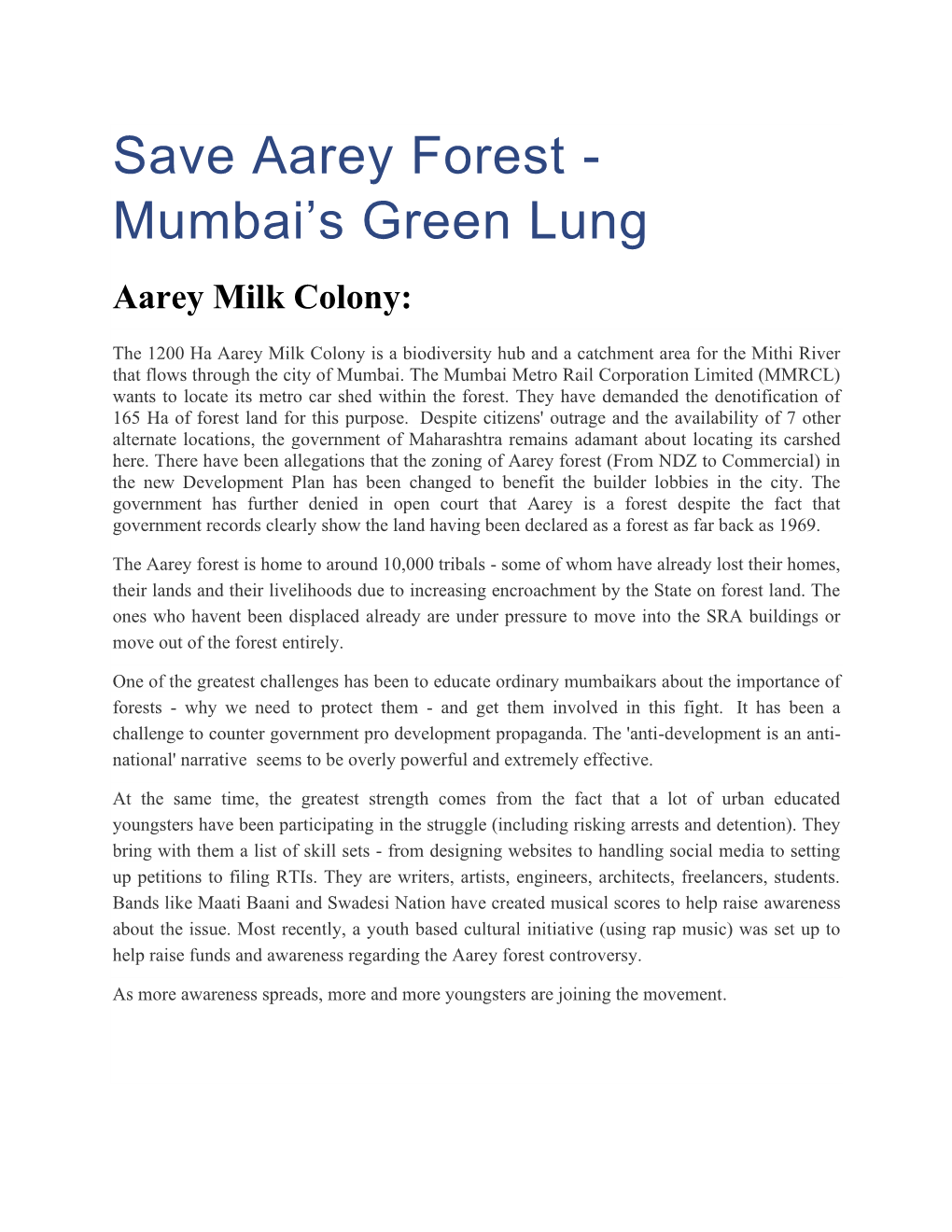 Save Aarey Forest - Mumbai’S Green Lung Aarey Milk Colony