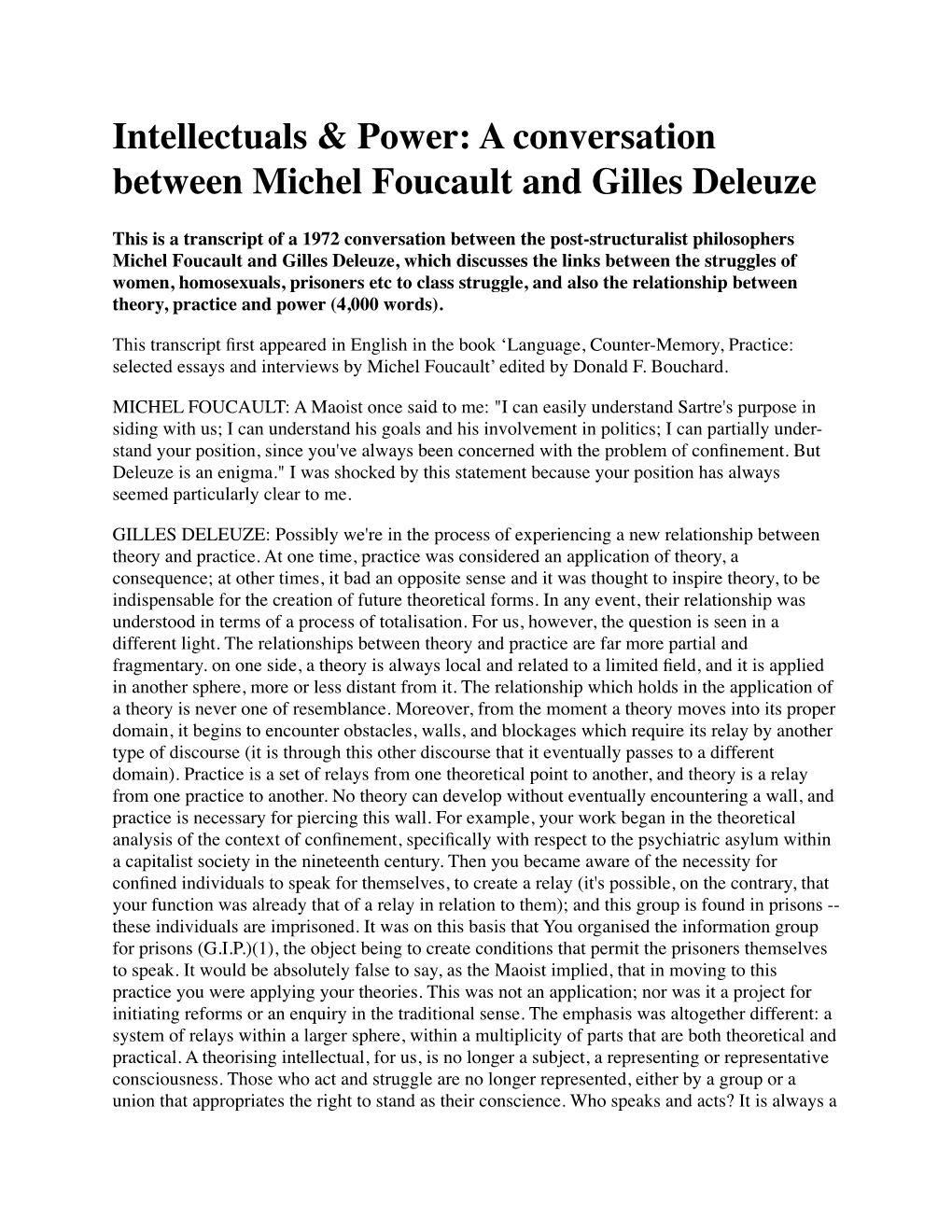 Intellectuals & Power: a Conversation Between Michel Foucault and Gilles Deleuze