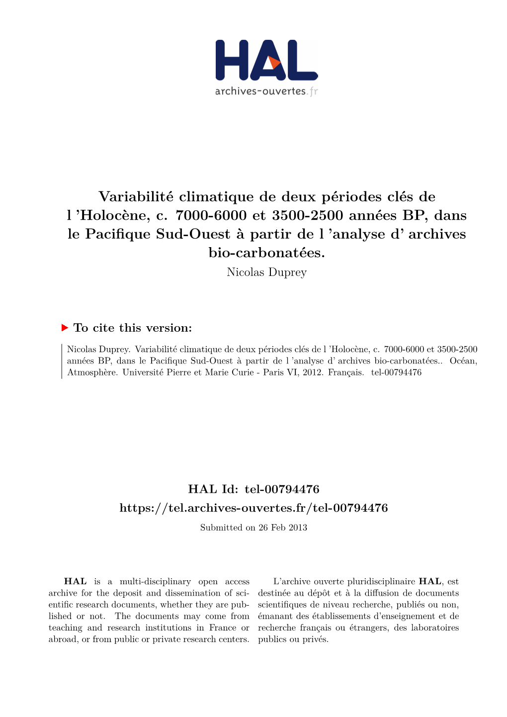 Variabilité Climatique De Deux Périodes Clés De L 'Holocène, C
