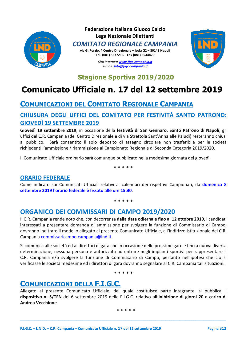 Comunicato Ufficiale N. 17 Del 12 Settembre 2019