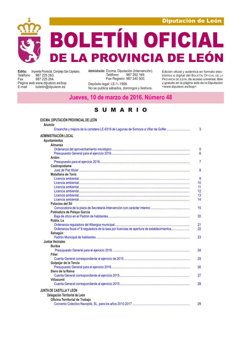 BOLETÍN OFICIAL DE LA PROVINCIA DE LEÓN Edita: Imprenta Provincial