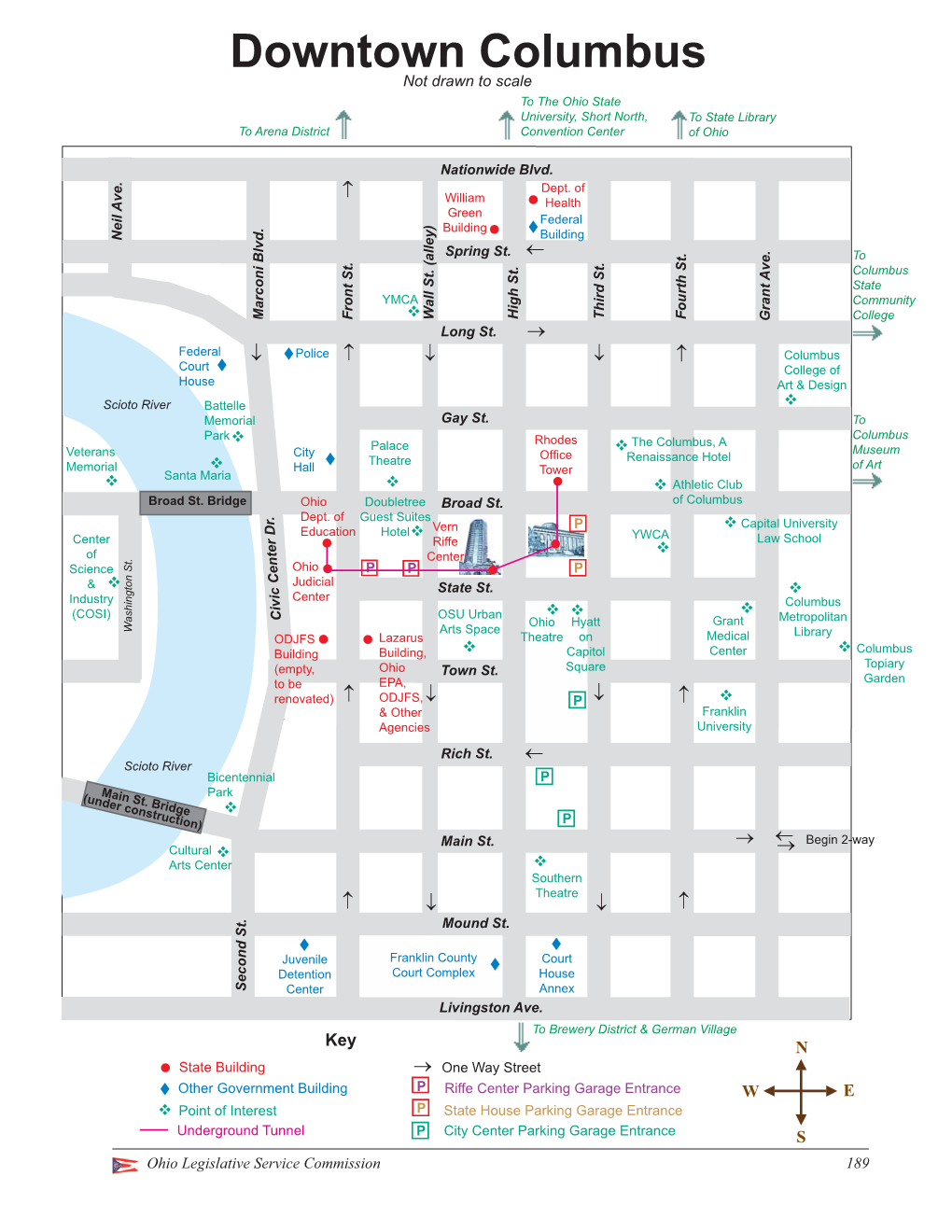 Downtown Columbus Not Drawn to Scale to the Ohio State University, Short North, to State Library to Arena District Convention Center of Ohio