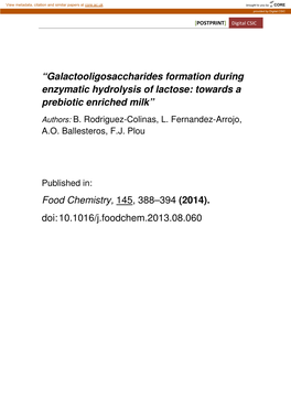 “Galactooligosaccharides Formation During Enzymatic Hydrolysis of Lactose: Towards a Prebiotic Enriched Milk” Food Chemistry