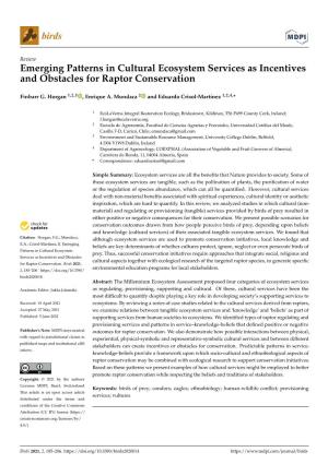 Emerging Patterns in Cultural Ecosystem Services As Incentives and Obstacles for Raptor Conservation