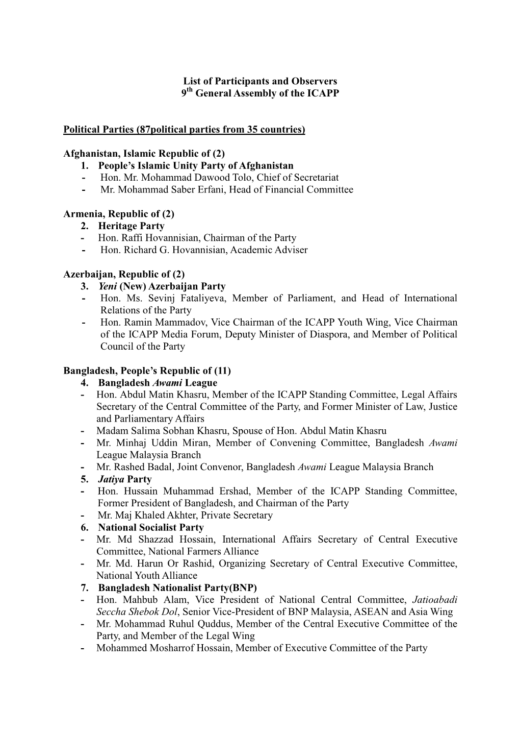 List of Participants and Observers 9 General Assembly of the ICAPP Political Parties